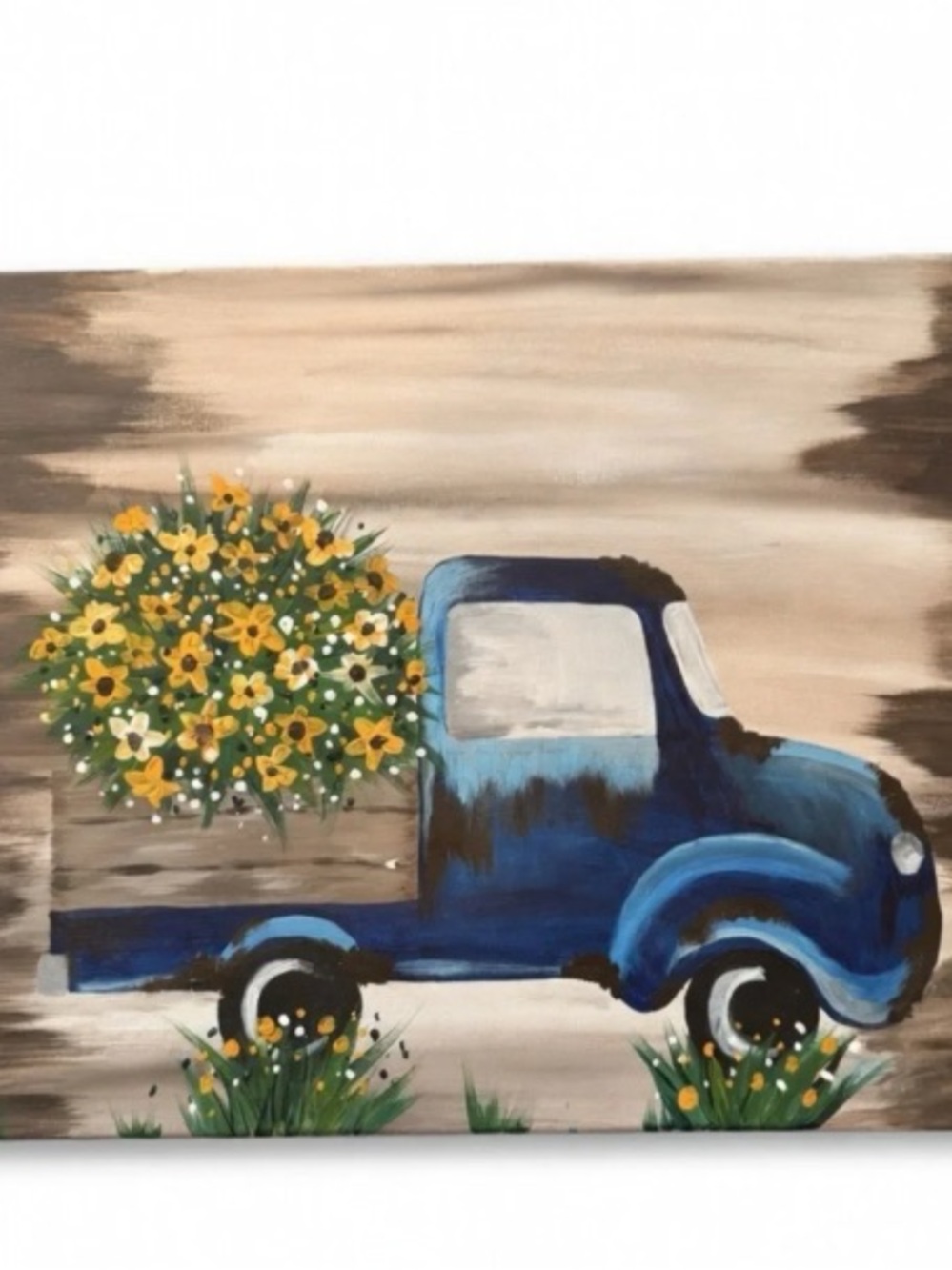 Rustic Blue Truck Canvas Print with Yellow Floral Bouquet